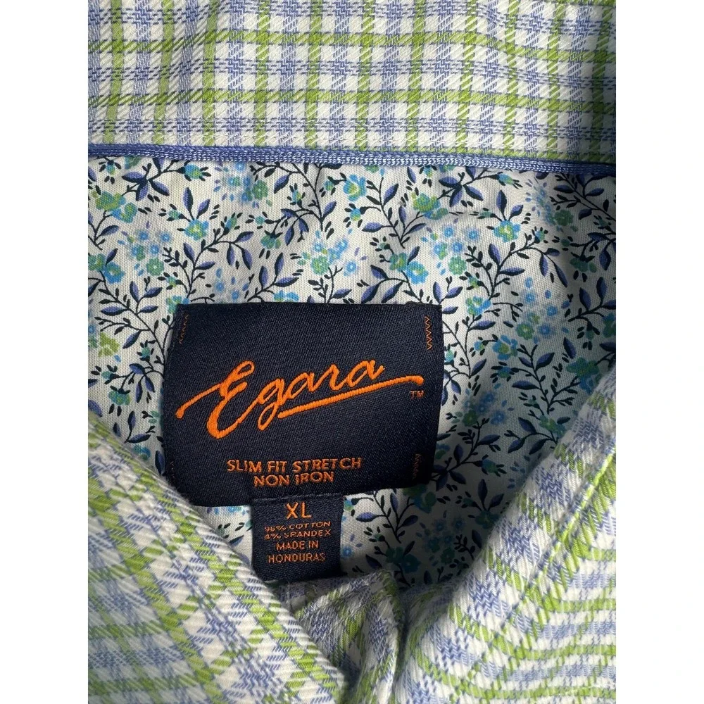 Egara‎ Shirt Mens XL Green Blue Check Slim Fit Stretch Non Iron Button Down - Picture 3 of 5